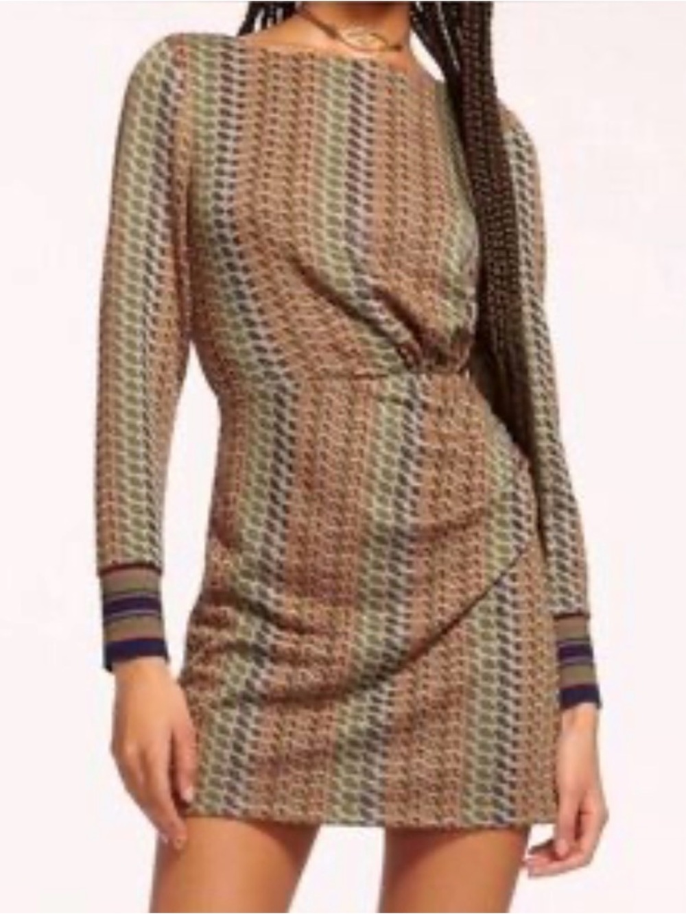 Ramy Brook Multi-Stripe Long-Sleeve Mini Dress in Tan and Green